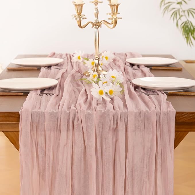 Socomi 3pcs Pink Cheesecloth Table Runner Fall Thanksgiving Boho Rustic Gauze Dusty Pink Farmhouse 120 inch 10FT Cheese Cloth Runner for Wedding Party Baby Shower Birthday Home Decor