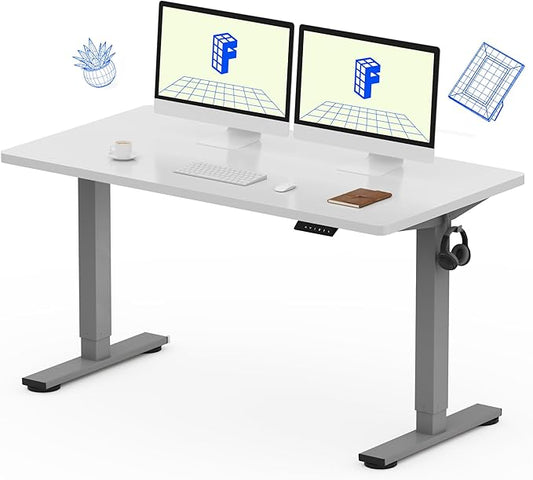 FLEXISPOT EN1 One-Piece Standing Desk with 1-Inch Thick Desktop, 55"x28" Electric Height Adjustable Desk for Home Office & Multi-Device Workstations, White(Silver Frame)
