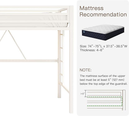 ikalido Metal Loft Bed Twin Size with Safety Guardrail and Ladder, No Box Spring Needed Space Saving Bedroom Furniture,Cream White