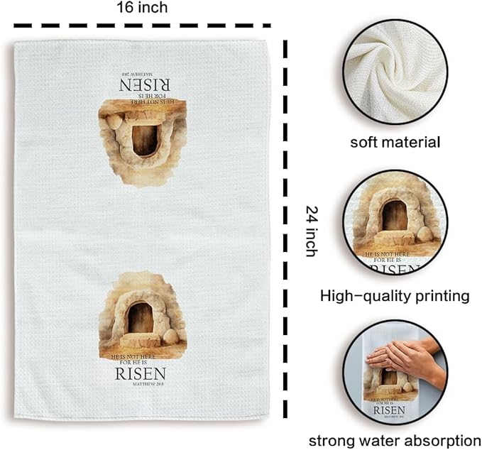 He is Risen Easter Kitchen Towels Set of 2, Christian Easter Hand Towels, EasterBible Verse Dish Towels Tea Towels for Kitchen, Religious EasterGifts, EasterKitchen Bathroom Decor, 16x24 Inch