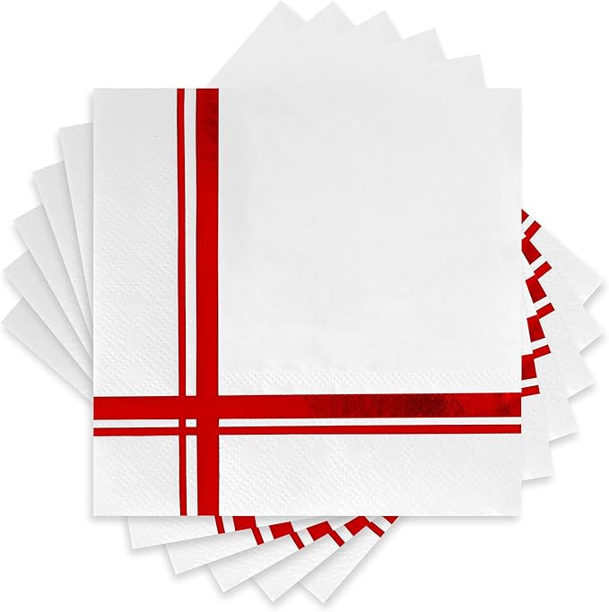 Red on White Cocktail Napkins - 100 Pack, 5" x 5", 3-Ply Paper - Style Name: Blissful Crossing