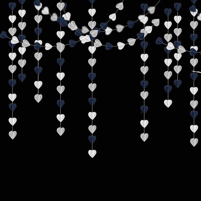 Navy-Blue White Silver 3D-Heart Garland - 39Ft Graduation Hanging Decoration Streamers Banner,Bridal Birthday Engagement Bachelorette Baby Shower Christmas Baby Shower Valentines Party Decor Ouruola