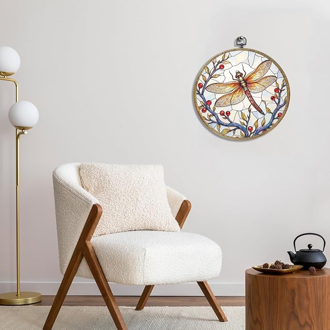 Cute Flower Dragonfly Gifts for Women Men, Garden Dragonfly Decor Framed Round Wall Decor Canvas Wall Art Hanging Prints Artwork for Home Farmhouse Bedroom Living Room Decorations 10.2X10.2 Inch