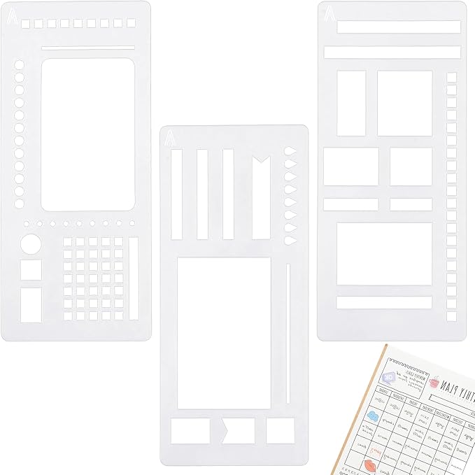 3 Pcs Planner Stencil Templates Journal Stencils for Planner Ruler Record Template Reusable Drawing Lettering Templates for Journaling, Calendar, Scrapbooking DIY Craft