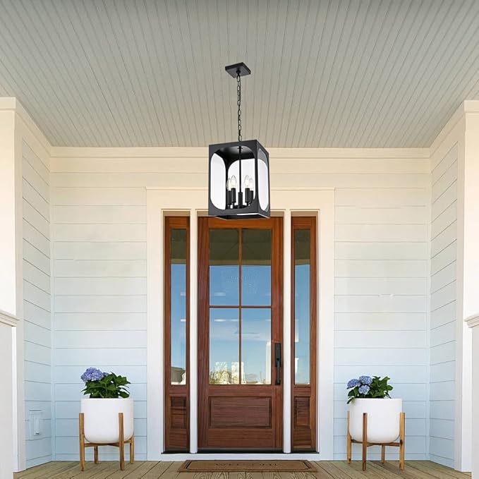 BONLICHT Large Outdoor Chandelier for Porch, 5-Light Modern Outdoor Pendant Light with Clear Glass,Black Exterior Pendant Lighting Fixture Ceiling Mount Pendant Lantern for Patio Doorway Foyer Garden