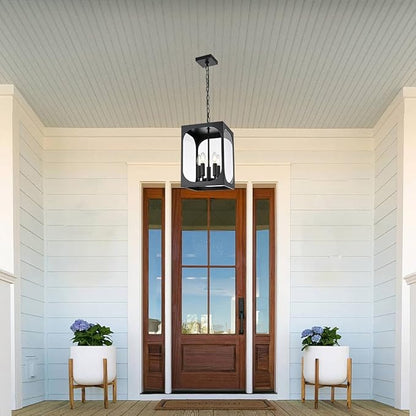 BONLICHT Large Outdoor Chandelier for Porch, 5-Light Modern Outdoor Pendant Light with Clear Glass,Black Exterior Pendant Lighting Fixture Ceiling Mount Pendant Lantern for Patio Doorway Foyer Garden