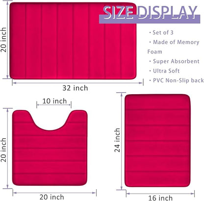 Christmas Bathroom Rugs Red Bath Mats for Bathroom Comfort Memory Foam Bath Rug Set 3 Piece Non-Slip Bath Mat Set,Absorbent Shaggy Toilet Rugs Perfect Plush Rug,Bathrom Carpets for,Tub,Shower