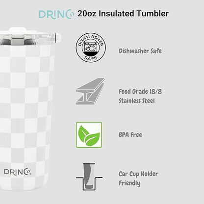 Drinco - 20 oz Stainless Steel Tumbler | Double Walled Vacuum Insulated Mug With Lid, 2 Straws, For Hot & Cold Drinks (20oz Checker)