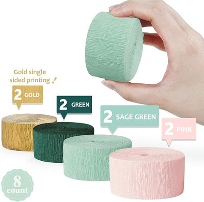 AOBKIAT Wedding Decor Sage Pink Gold Crepe Paper 8 pcs Streamers Party Decorations for Wedding,Rustic Bachelorette,Birthday,Bridal/Baby Shower,Anniversary Party Backdrop Decoration