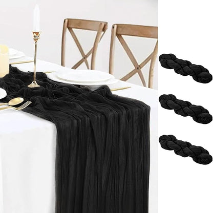 3 Pack Black Cheesecloth Table Runner, Sheer Gauze Cheese Cloth Table Runner 10FT Long Goth Black Table Cloth for Wedding Party Baby Shower Birthday Home Holiday Decorations