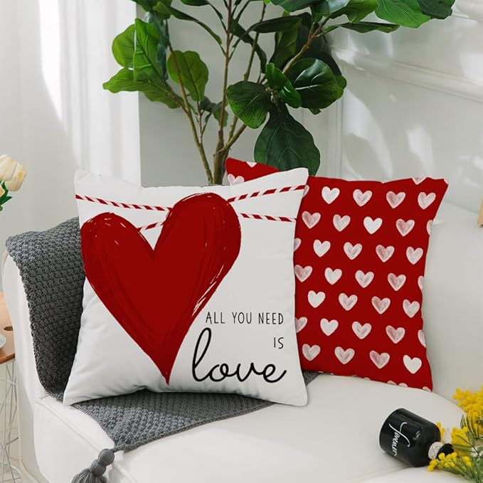 GEEORY Valentines Day Pillow Covers 20x20 inch Set of 4 for Valentines Decor Red White Stripes Dots Love Heart Valentines Day Throw Pillows Decorative Cushion Cases Valentine Decorations