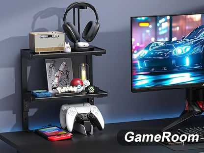 2-Tier Desk Shelf, Expandable Under Desk Storage, Clamp on Desk Shelf, Desktop Accessories for Offices, Study Rooms, and Game Rooms (Black)