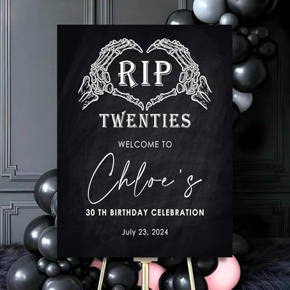 RIP Twenties 30th Birthday Welcome Sign, Personalized Funeral For My Youth Custom Celebration Sign, Chalkboard Skeleton Hands Decor.