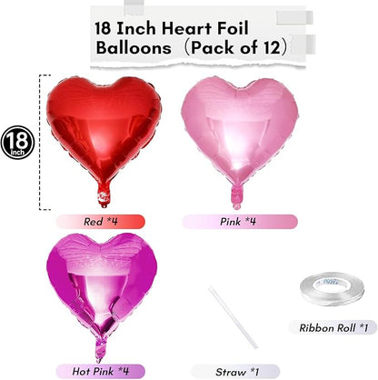 Hot Pink Foil Heart Balloons, 12 Pcs 18 Inch Mylar Heart Shaped Pink & Red Party Decoration for Birthdays, Weddings, Anniversaries, Valentine's Day