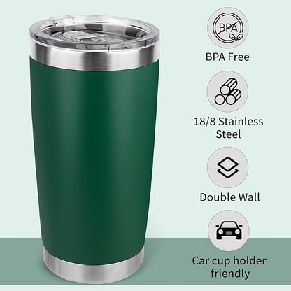 20oz Stainless Steel Tumbler Bulk with Lid, Travel Mug - Double Wall Vacuum Powder Coated Cup - Dark Green, 6 Pack
