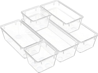 Clear Acrylic Drawer Organizer Trays, 5 Size Junk Box Organization Small Storage Container Bin for Desk Makeup Bathroom Vanity Kitchen Tool Make Up Workspace Home Dorm Apartment Office Room Nightstand