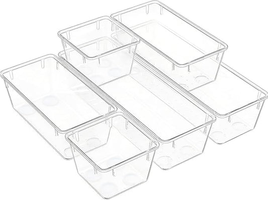 Clear Acrylic Drawer Organizer Trays, 5 Size Junk Box Organization Small Storage Container Bin for Desk Makeup Bathroom Vanity Kitchen Tool Make Up Workspace Home Dorm Apartment Office Room Nightstand