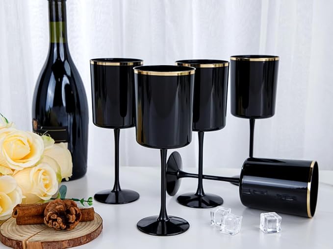 Ciaell 12 Pack 10 OZ Black Plastic Wine Glasses with Stem - Black and Gold Disposable Wine Glasses Perfect for Parties & Weddings & Toasting & Outdoors & Camping & New Year