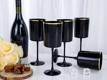 Ciaell 12 Pack 10 OZ Black Plastic Wine Glasses with Stem - Black and Gold Disposable Wine Glasses Perfect for Parties & Weddings & Toasting & Outdoors & Camping & New Year