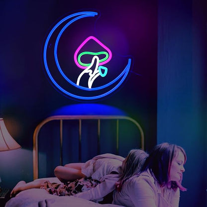 Mushroom Moon Neon Sign, JGHTURIE Cute Led Neon Signs for Wall Decor Blue Light Up Sign Preppy Game Room Living Room Kids Home Bar Signs Party Gift Decor USB Powered