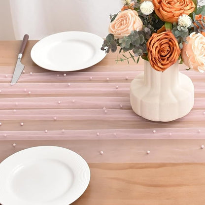 Blushing Pink Pearl Fall Thanksgiving Table Runner Boho Rustic Tulle Lace Table Runner for Baby Shower Wedding Arch Decor Veil Dessert Table Decor 3pcs