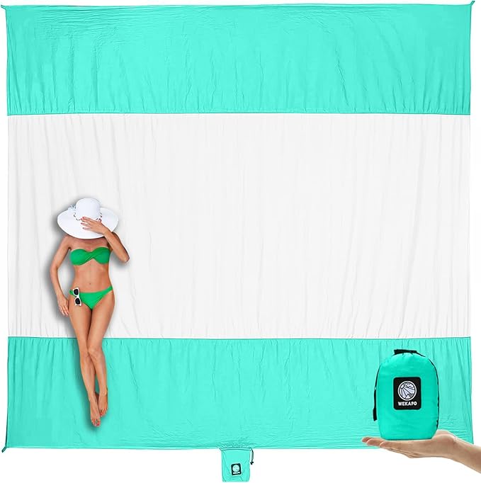 WEKAPO Beach Blanket Sandproof Waterproof, Extra Large Beach Mat, Oversized & Compact Sand Free Mat Quick Drying, Lightweight & Durable with Stakes & Corner Pockets