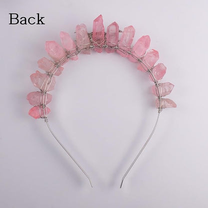 Raw Crystal Tiara Headbands, Natural Rhinestone Quartz Hair Band for Women Girls (pink)