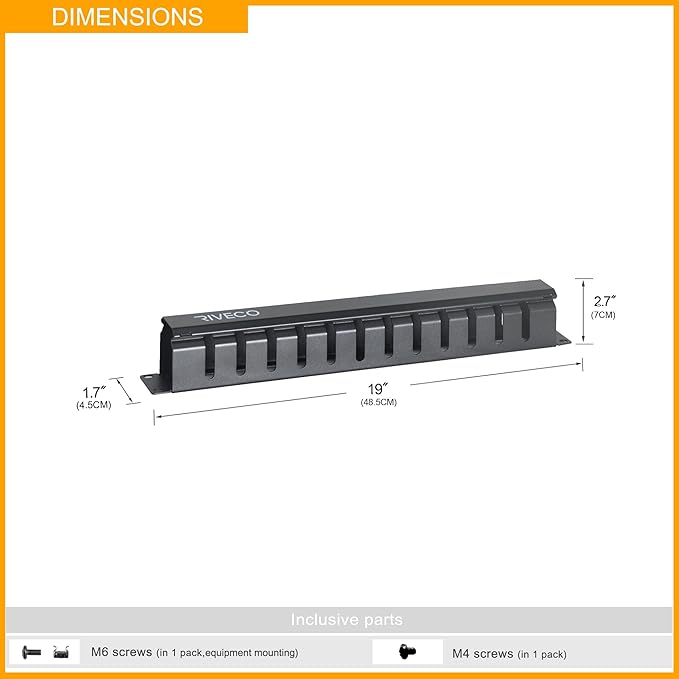 RIVECO 1U 12 Slot Rack Manager, Server Rack Cable Management, Cord Wire Organizer with Cover for Network Rack Cabinet Horizontal Mount, 19-inches Cable Raceway