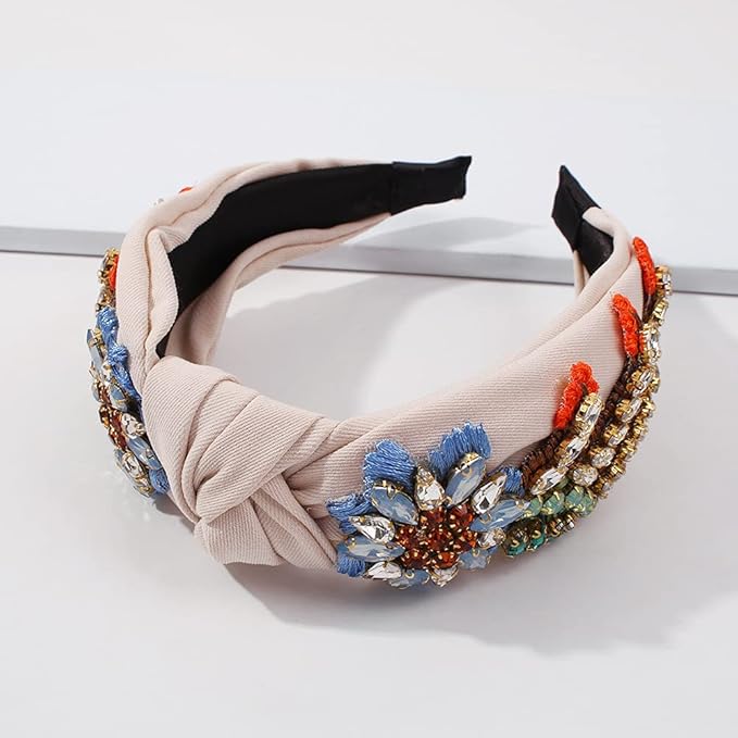 Yusier Baroque Rhinestone Crystal Headbands for Women - Embroidered Hair Band - Exquisite Hairband - Available in 5 Colors (Beige)