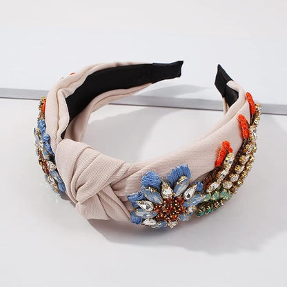 Yusier Baroque Rhinestone Crystal Headbands for Women - Embroidered Hair Band - Exquisite Hairband - Available in 5 Colors (Beige)