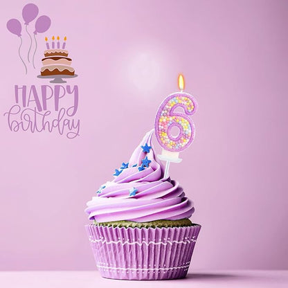 Birthday Candles - Number 6 Candle, Colorful Macaron Candles for Boys/Girls, Purple Party Decorations, Purple Cake Decorations