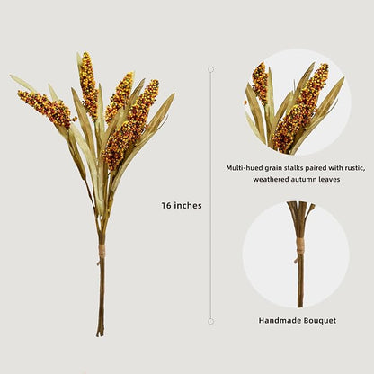 KBREE 16" Artificial Fall Grain Bundles for Thanksgiving Decoration, 4 Packs Rustic Harvest Sheaves with Aged Leaves, Faux Grain Bouquets for Thanksgiving Table Centerpiece, Farmhouse Decor (Amber)