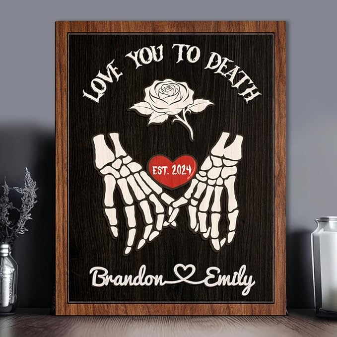Custom Couple Skeleton Wooden Sign, Ghost Couple Gift, Halloween Skeletons Wedding Frame Sign, Love You To Death Sign, Gothic Decor, Wood Sign Birthday Gift for Boyfriend Girlfriend Engaged a7