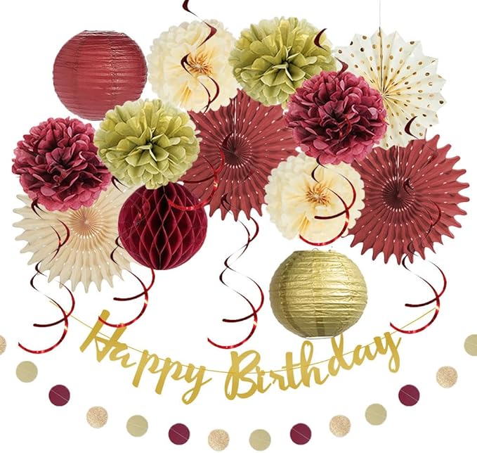 Burgundy Birthday Decorations for Women Maroon and Gold Party Decorations Tissue Paper Pom Poms Paper Fans Lanterns Maroon Birthday Decorations with Happy Birthday Banner Gold Circle Garland