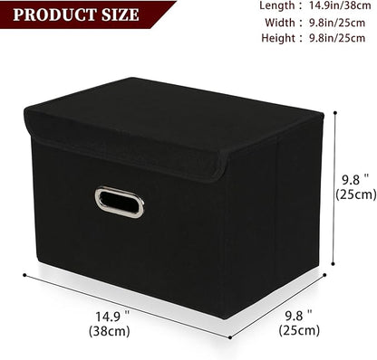 STOREONE Fabric Storage Cube Bins Foldable Organizer Container Collapsible Basket with Lids and Metal Handles, for Home, Bedroom, Closet (Black, 3 Pcs)