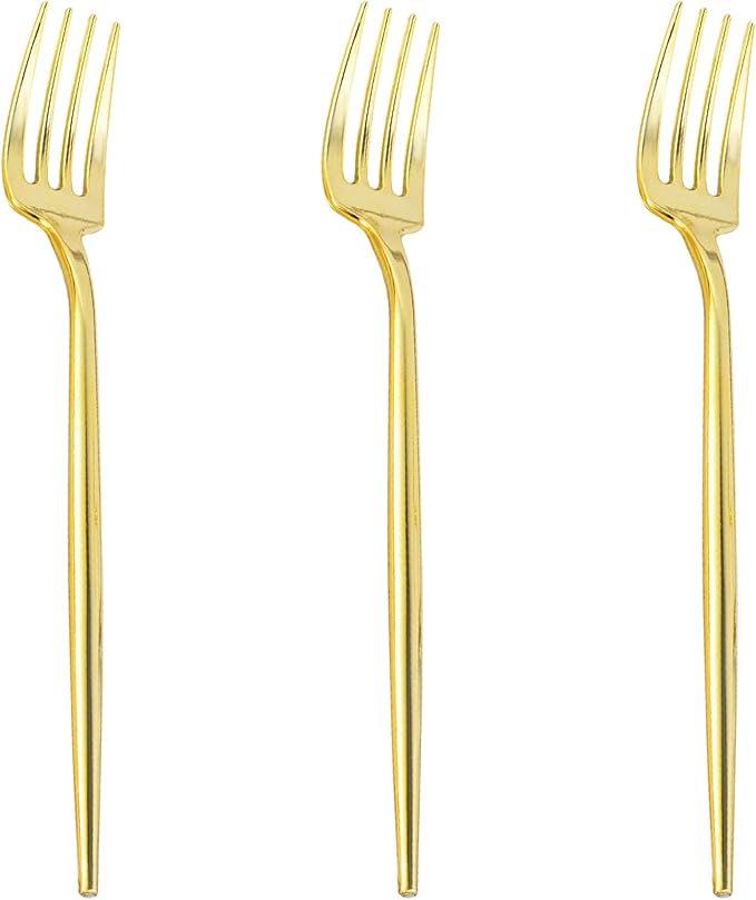 100 PCS Gold Plastic Forks, Heavy Duty Disposable Gold Forks, Gold Silverware Plastic Utensils for Party, Birthday, Wedding