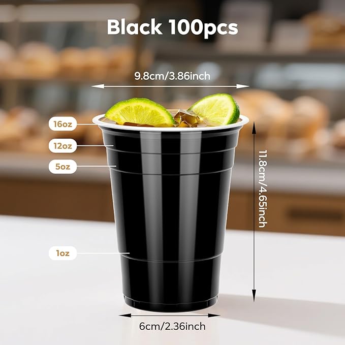 100PCS Black Plastic Cups, 16oz Disposable Party Cups Bulk, BPA Free Drink Cups for Soda Juice Beer Cocktail Cold Drinks Suitable for Wedding Halloween Thanksgiving Christmas Birthday Celebrations