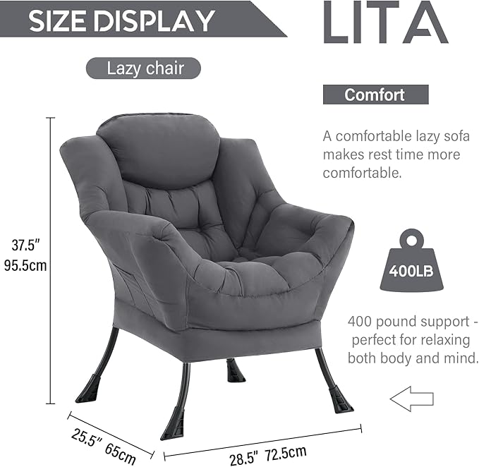 LITA Lazy Chair with Armrests and Side Pocket, Modern Upholstered Accent Reading Chair for Living Room, Bedroom, Dorm, Small Spaces, Single Dark Grey