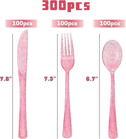 300 Pcs Pink Silverware Set Heavy Duty Pink Plastic Silverware - 100 Forks, 100 Knives, 100 Spoons for Brithday, Wedding, Baby Shower, Bridal Shower
