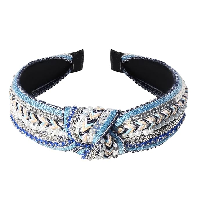 Women's Boho Knotted Sequin Pearls Headbands for Women Non Slip, Girls Top Knot Sparkly Wide Hair Accessories Christmas Gift (Boho Blue Knot)