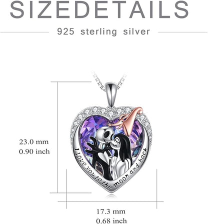 LILALO Christmas Gifts Nightmare Necklace Sterling Silver Abalone Shell Crystal Jack and Sally Necklace Jack Skellington Skull Jewelry Skull Necklaces for Women