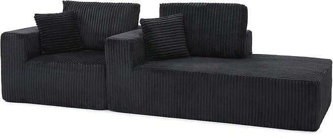 L Shaped Modular Boneless Sectional Couches for Living Room, Wide Armrest, Deep Seat, Memory Foam, Assembly Free, Modern Comfy Corduroy Fluffy Cloud Sofa with Right Chaise, Black