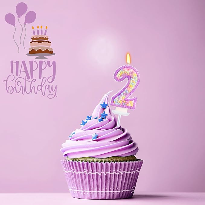 Birthday Candles - Number 2 Candle, Colorful Macaron Candles for Boys/Girls, Purple Party Decorations, Purple Cake Decorations