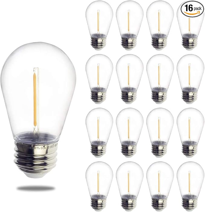 Jslinter S14 1W Outdoor String Lights Bulbs LED, Shatterproof & Waterproof, 2200K Warm White, 11W Equivalent, E26 Base, Edison Vintage Style Replacement for Patio Garden, 16-Pack
