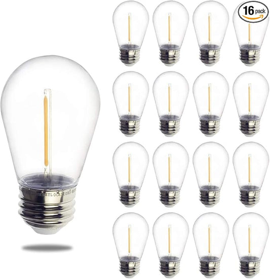 Jslinter S14 1W Outdoor String Lights Bulbs LED, Shatterproof & Waterproof, 2200K Warm White, 11W Equivalent, E26 Base, Edison Vintage Style Replacement for Patio Garden, 16-Pack