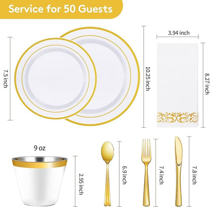 Goodluck 350 Piece Gold Dinnerware Set for 50 Guests, Plastic Plates Disposable for Party, Include: 50 Gold Rim Dinner Plates, 50 Dessert Plates, 50 Paper Napkins, 50 Cups, 50 Gold Silverware Set