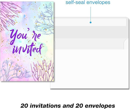 Soiceu Cute Under the Sea Mermaid Birthday Party Invitations with Envelopes Set of 20 Purple Pink Girl Birthday Party Invites