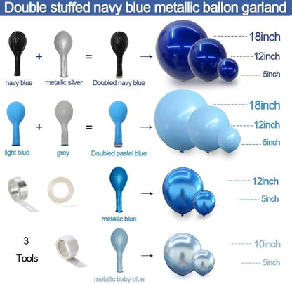 Navy Royal Blue Balloon Arch Kit Double Stuffed Metallic Blue Balloon Garland Varied Sizes for Birthdays Baby Showers Graduations Weddings Proms More Special Occasions