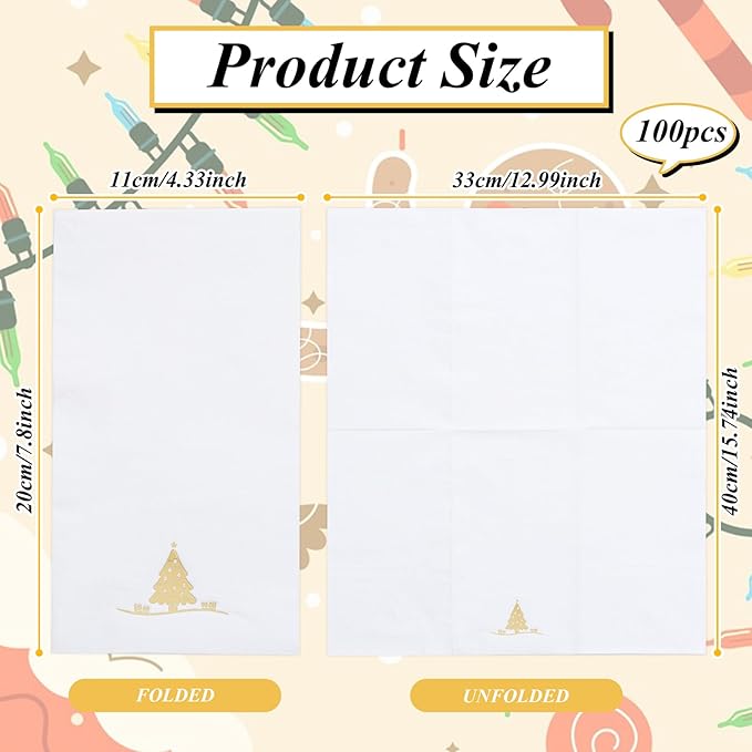 100PCS Christmas Gold Napkins Disposable - Heavy Duty Christmas Tree Napkin - Yule Paper Hand Towels - Xmas Gold Napkin for Kitchen Bathroom Noel Parties Dinners and Events