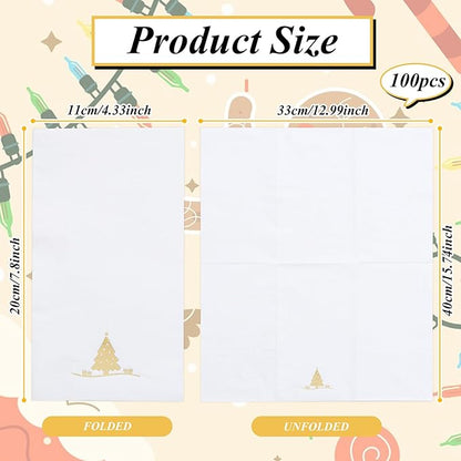 100PCS Christmas Gold Napkins Disposable - Heavy Duty Christmas Tree Napkin - Yule Paper Hand Towels - Xmas Gold Napkin for Kitchen Bathroom Noel Parties Dinners and Events